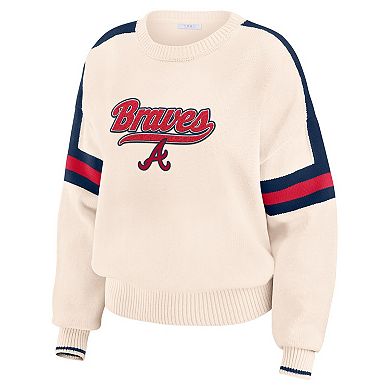 Women's WEAR by Erin Andrews Cream Atlanta Braves Stripe Pullover Sweater