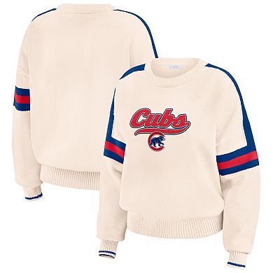 Women's WEAR by Erin Andrews Cream Chicago Cubs Stripe Pullover Sweater
