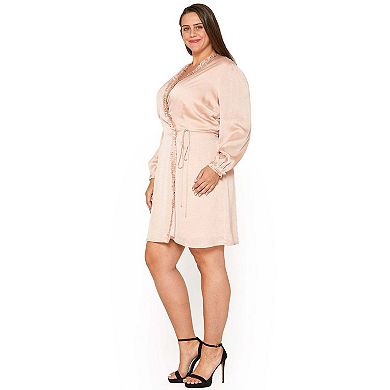 Plus Size Ruffle Trim Long Sleeve Wrap Dress