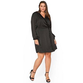 Plus Size Ruffle Trim Long Sleeve Wrap Dress