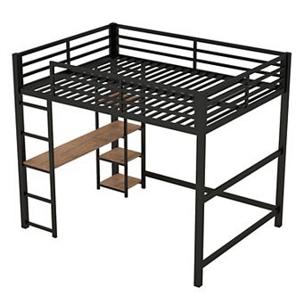 Merax Metal Loft Bed With Built-in Desk And Storage Shelves