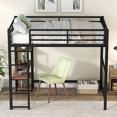Merax Metal Loft Bed With Built-in Desk And Storage Shelves