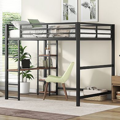 Merax Metal Loft Bed With Built-in Desk And Storage Shelves