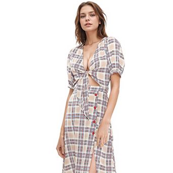 Women's Multi Check Front Tie Hem Blouse