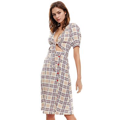 Women's Multi Check Front Tie Hem Blouse