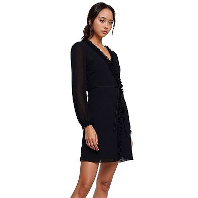 Ruffle Trim Long Sleeve Wrap Dress
