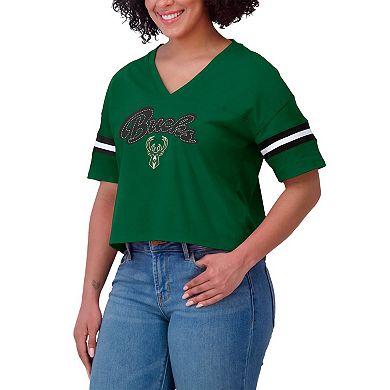 Women's WEAR by Erin Andrews Hunter Green Milwaukee Bucks Color Block Boxy V-Neck T-Shirt