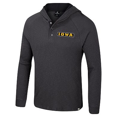Men's Colosseum Charcoal Iowa Hawkeyes Dujour Ralgan Long Sleeve Henley Hoodie T-Shirt