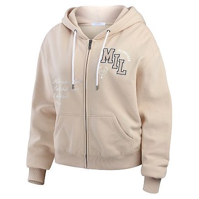 Women's WEAR by Erin Andrews Cream Milwaukee Bucks Plus Size Tonal Felt Patch Full-Zip Hoodie