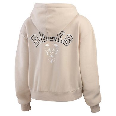 Women's WEAR by Erin Andrews Cream Milwaukee Bucks Plus Size Tonal Felt Patch Full-Zip Hoodie