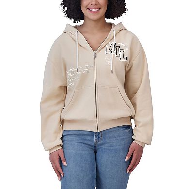 Women's WEAR by Erin Andrews Cream Milwaukee Bucks Plus Size Tonal Felt Patch Full-Zip Hoodie
