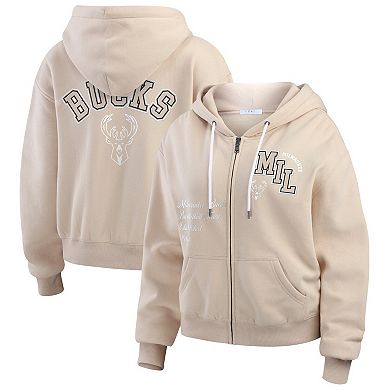 Women's WEAR by Erin Andrews Cream Milwaukee Bucks Plus Size Tonal Felt Patch Full-Zip Hoodie