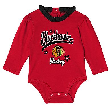 "Girls Infant Chicago Blackhawks 3-Piece Rink Queen Long Sleeve Bodysuit, Pants & Headband Set"