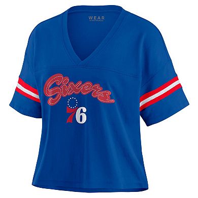 Women's WEAR by Erin Andrews Royal Philadelphia 76ers Color Block Boxy V-Neck T-Shirt