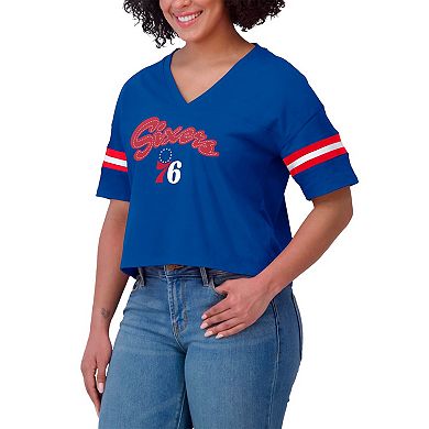 Women's WEAR by Erin Andrews Royal Philadelphia 76ers Color Block Boxy V-Neck T-Shirt