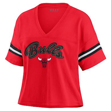 Women's WEAR by Erin Andrews Red Chicago Bulls Color Block Boxy V-Neck T-Shirt