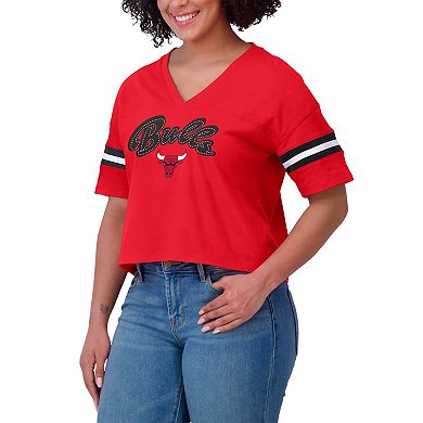 Women's WEAR by Erin Andrews Red Chicago Bulls Color Block Boxy V-Neck T-Shirt