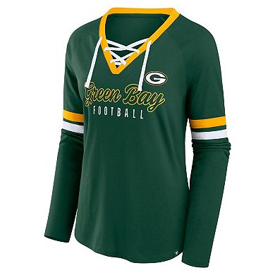 Women's Fanatics Green Green Bay Packers Plus Size Lace-Up V-Neck Long Sleeve T-Shirt