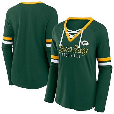 Women's Fanatics Green Green Bay Packers Plus Size Lace-Up V-Neck Long Sleeve T-Shirt