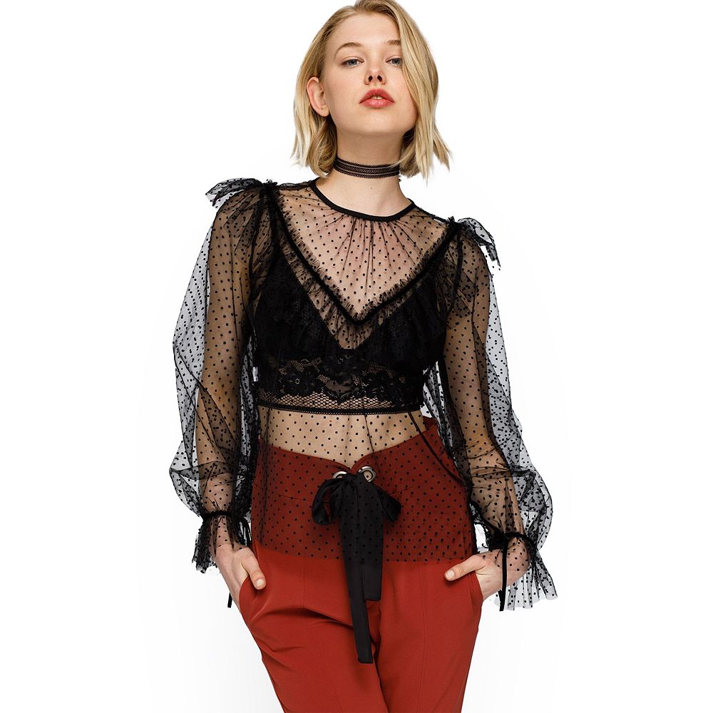 Polka Dot Mesh Ruffle Top