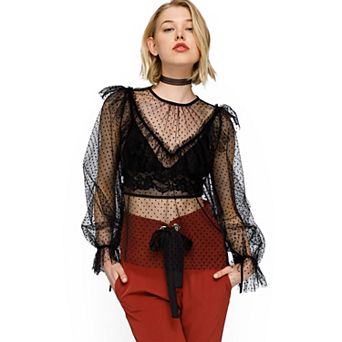 Polka Dot Mesh Ruffle Top