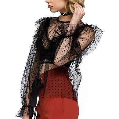 Polka Dot Mesh Ruffle Top
