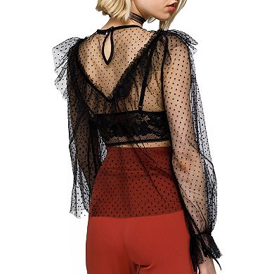 Polka Dot Mesh Ruffle Top