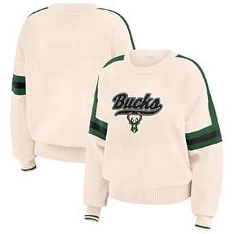 Women's WEAR by Erin Andrews Cream Milwaukee Bucks Stripe Pullover Sweater