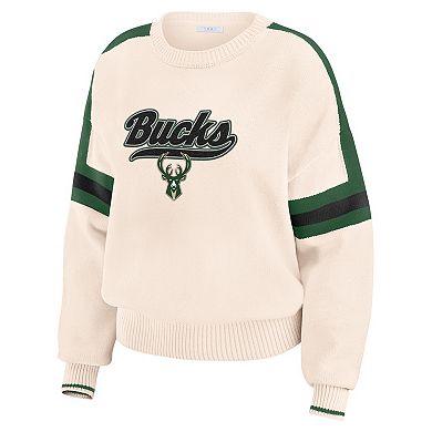 Women's WEAR by Erin Andrews Cream Milwaukee Bucks Stripe Pullover Sweater