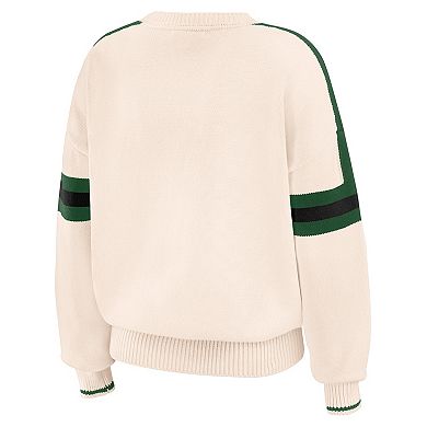 Women's WEAR by Erin Andrews Cream Milwaukee Bucks Stripe Pullover Sweater