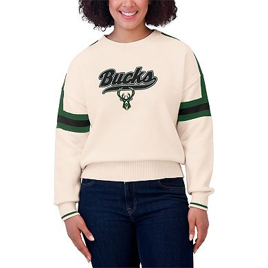 Women's WEAR by Erin Andrews Cream Milwaukee Bucks Stripe Pullover Sweater