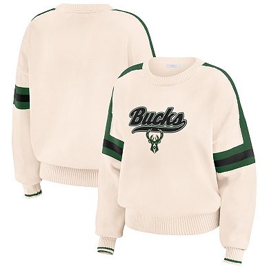 Women's WEAR by Erin Andrews Cream Milwaukee Bucks Stripe Pullover Sweater