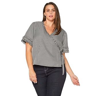 Plus Size Fringe Trim Gingham Wrap Blouse