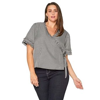 Plus Size Fringe Trim Gingham Wrap Blouse