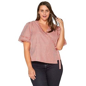 Plus Size Fringe Trim Gingham Wrap Blouse