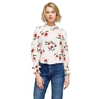 Women's Rust Flower Mockneck Smocked Sleeve Blouse
