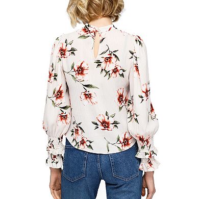 Women's Rust Flower Mockneck Smocked Sleeve Blouse