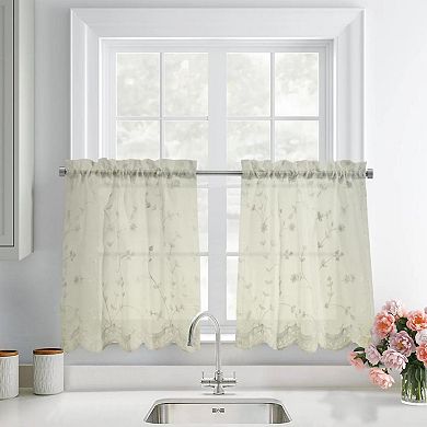 Grandeur Sheer Floral Motif And Scalloped Bottom Hem Pole Top Curtain Tiers