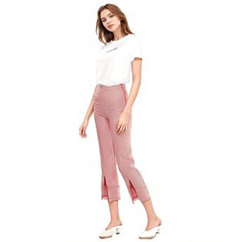 Women's Fringe Trim Slit Hem Gingham Pants