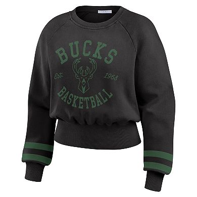 Women's WEAR by Erin Andrews Black Milwaukee Bucks Vintage Raglan Cropped Pullover Sweatshirt