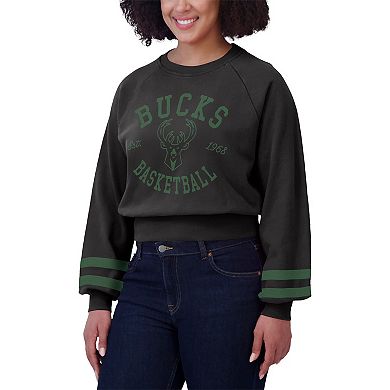 Women's WEAR by Erin Andrews Black Milwaukee Bucks Vintage Raglan Cropped Pullover Sweatshirt