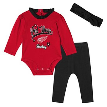 "Girls Infant Detroit Red Wings 3 pc Rink Queen Long Sleeve Bodysuit, Pants & Headband Set"