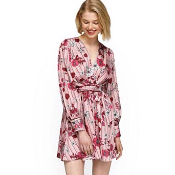 Pajama Floral Satin Wrap Front Flared Dress