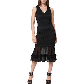 Sleeveless V Neck Sheer Ruffle Hem Bodycon Dress