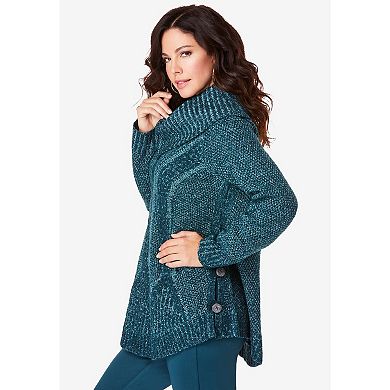 Roaman's Women's Plus Size Cowl Neck Cable Pullover Sweater