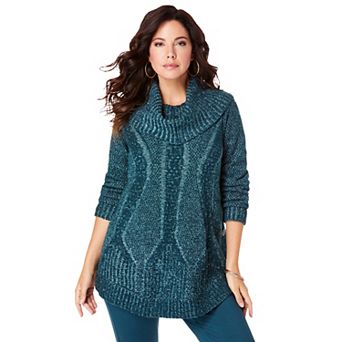 Roaman's Women's Plus Size Cowl Neck Cable Pullover Sweater