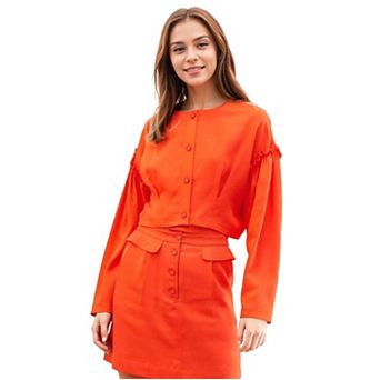 Button Front Long Sleeve Crop Top