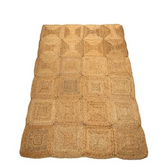 Hand-Woven Braided Jute Carpet with Geometric Pattern