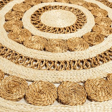 Round Handwoven Ivory Braided Jute Lace Mat