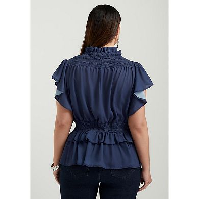June + Vie Women's Plus Size Mockneck Ruffle Blouse